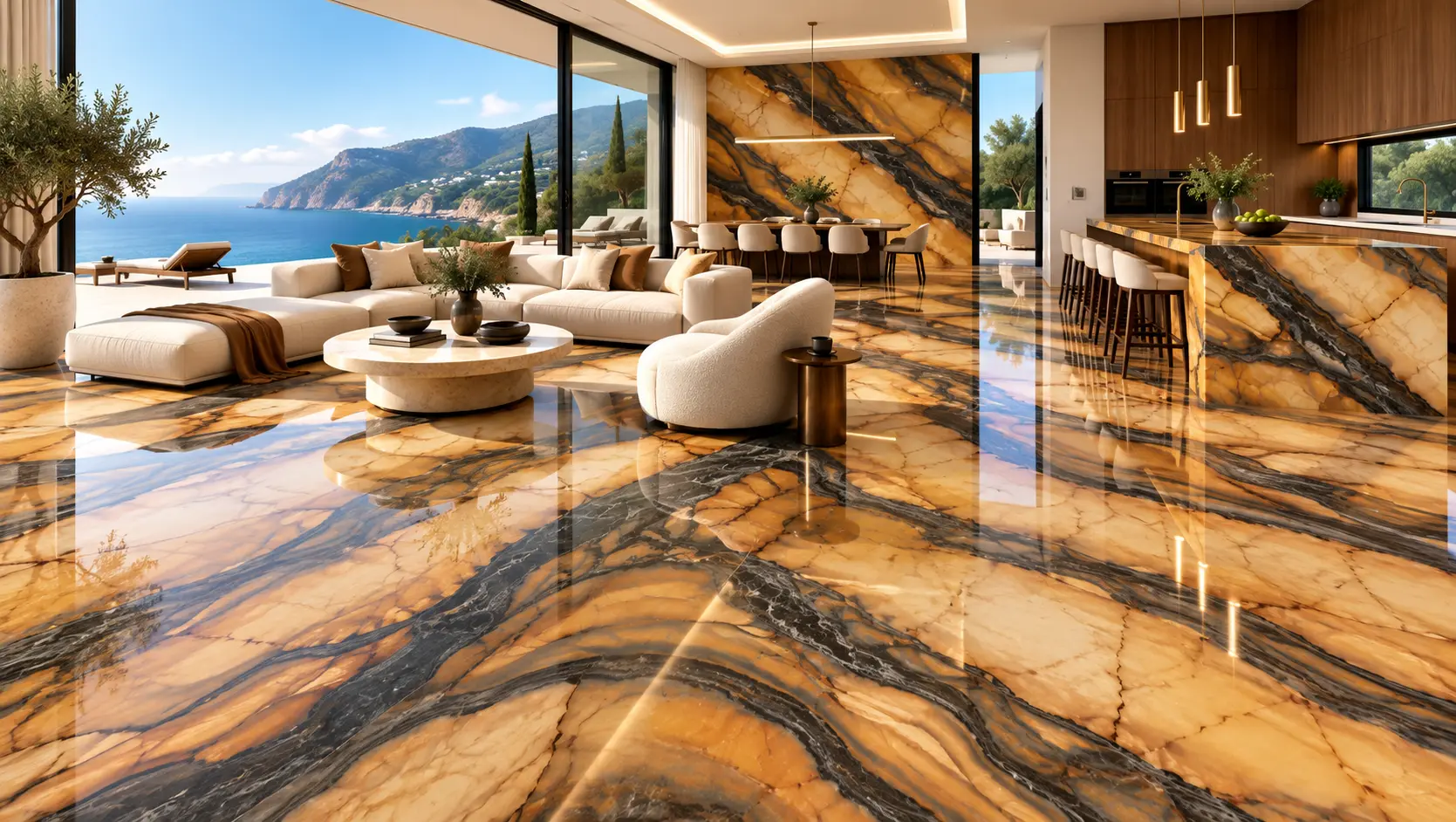 Ambiente con la placa Onice Caramello